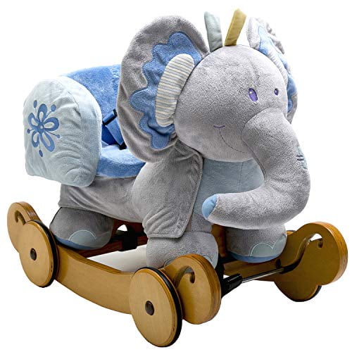 labebe - Baby Rocking Horse Wooden, Plush Rocking Animal, Toddler/Baby Rocker Toy for Nursery,Ride on Toy for Girl&amp;Boy 1-3 Years Old, 2 in 1 Elephant Rocking Horse Blue with Wheel,Kid Riding Horse/Toy