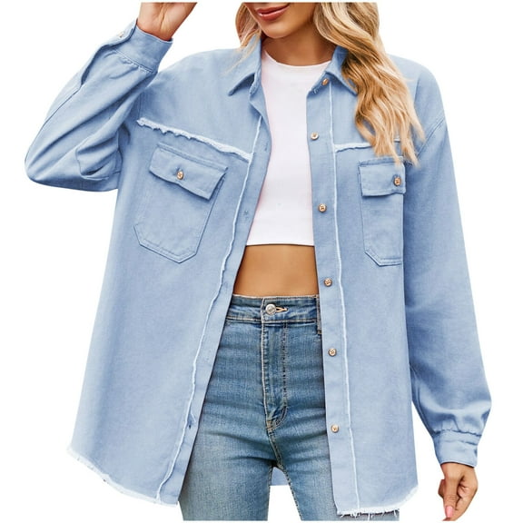 Usmixi Denim Jacket for Women Winter Womens Lightweight Denim Jacket Vintage Distressed Ripped Boyfriend Jean Jacket Coat Casual Solid Long Sleeve Button Pocket Denim Outwear