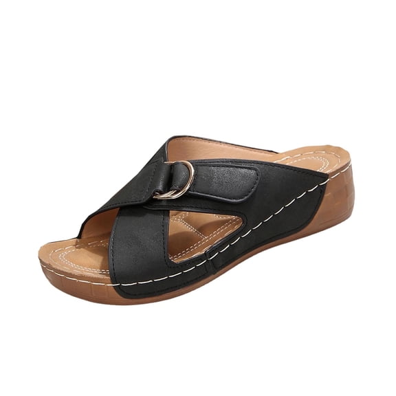 Yyuenw Summer Open Toe Cross Band Wedge Slides Women PU Adjustable Buckle Slip On Sandals