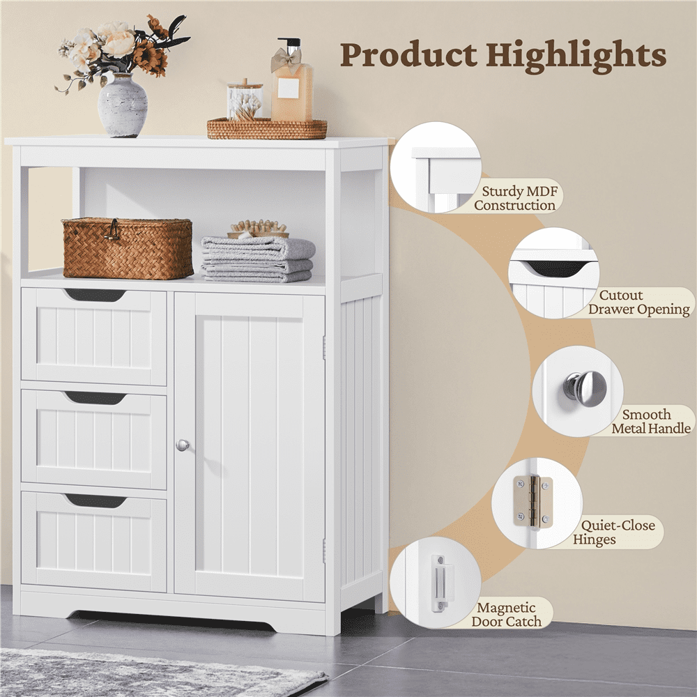Alden Design 35.5" Height Bathroom Floor Cabinet with 1 Door and 3 Drawers, White