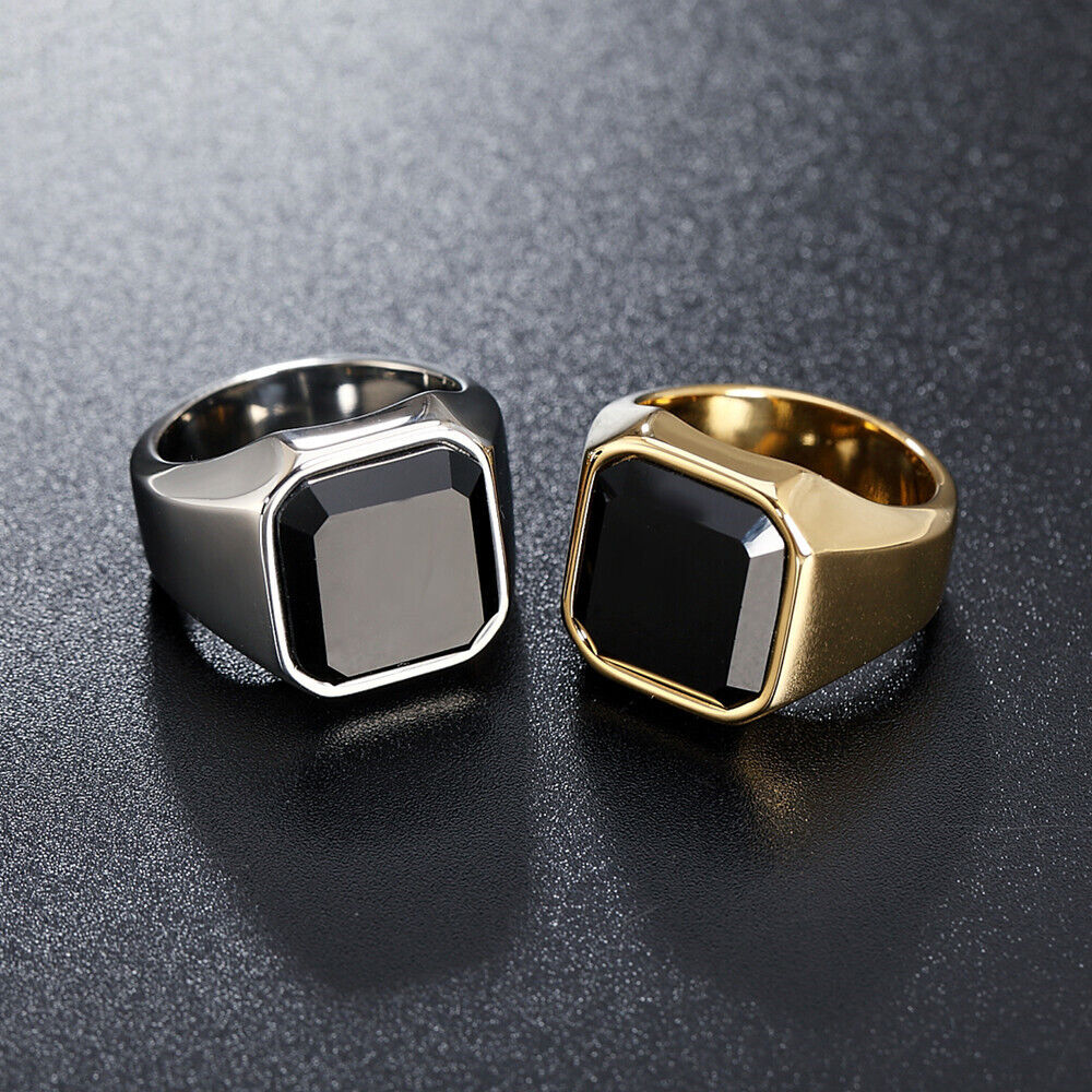 Black Onyx Square Signet Ring for Men Women Silver Stainless Steel Size ...