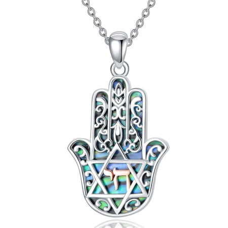 Hamsa Hand Necklace Sterling Silver Abalone Shell Hebrew Chai Pendant Necklaces Jewish Jewelry Gifts for Women Men