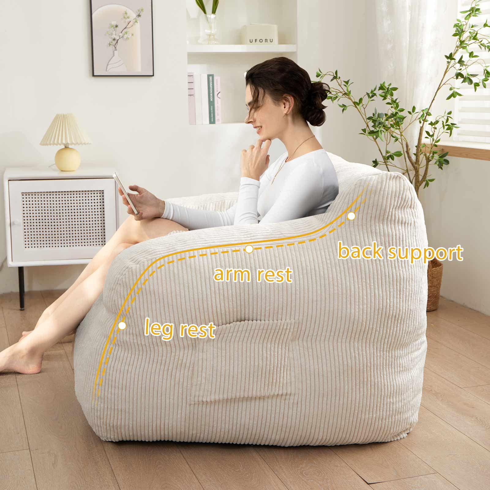 GOODONE Giant Bean Bag Chairs for Adults,Big Comfy Chair Sofa for Bedroom Living Room, Large Lazy Bean Bag Chair with Pocket Armrests for Gaming, Reading,Beige,L