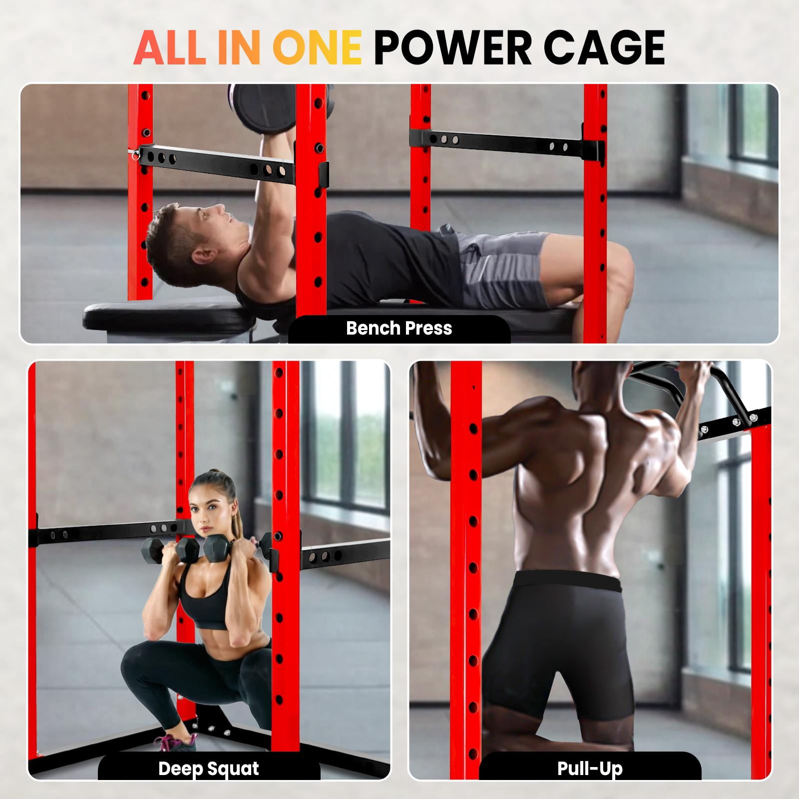 Heavy Duty Squat Stand Power Rack with Multi-Grip Pull Up Bar, J-Hooks & Safety Bars, High Weight Capacity, Space-Saving Design, Ideal for Home Gym Bench Press Squat Deadlift Workout