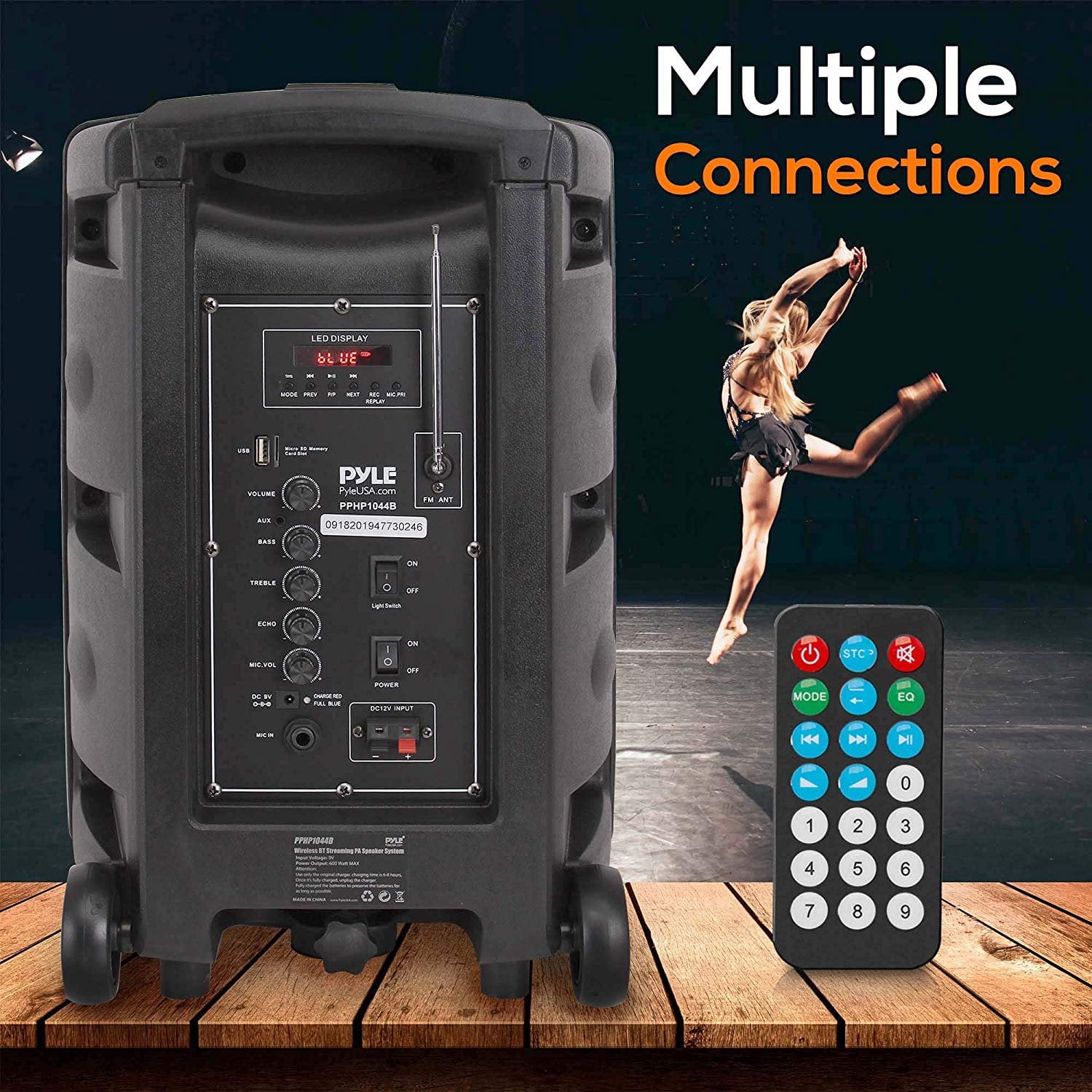 Pyle PPHP1044B - PA Speaker System - Portable Indoor / Outdoor Loudspeaker with , Flashing Party Lights, MP3/USB/Micro SD Readers, FM Radio (10’’ Subwoofer, 600 Watt)