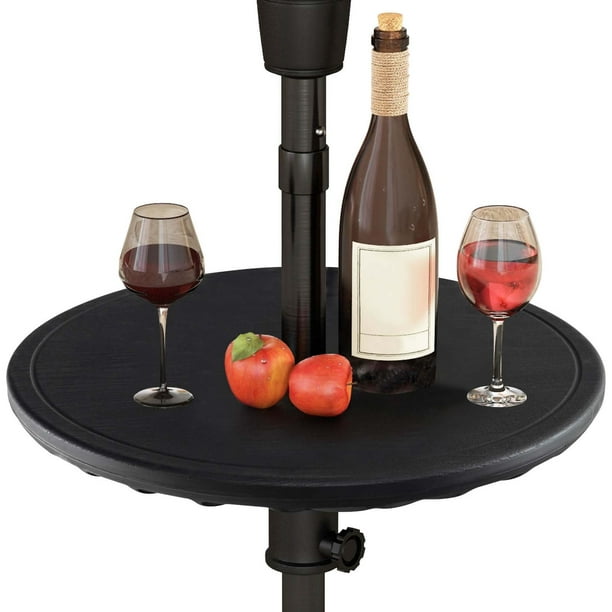 Costway Mesa Redonda para Sombrilla, Mesa de Playa de 50 cm con Agujero para Sombrilla de 38 mm, Superficie con Vetado de Madera, Perilla Ajustable en Altura,Negra