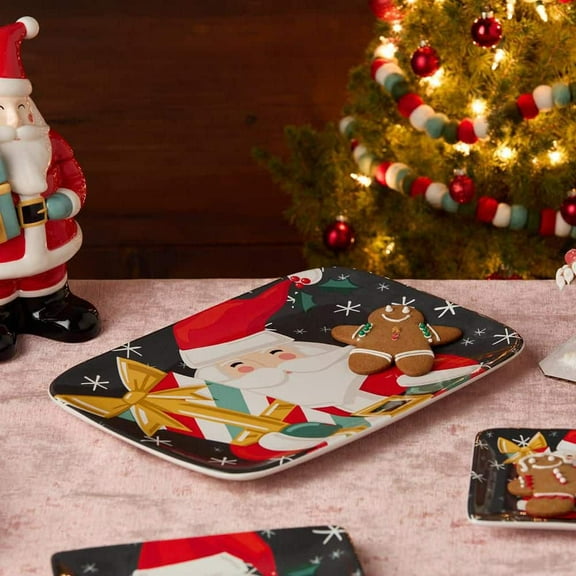 Christmas Whimsy Santa 14 in. Rectangular Assorted Colors Ceramic Platter