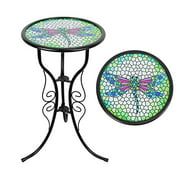 Liffy Outdoor Mosaic Side Table Dragonfly Bench Small Patio Round Printed Glass Table for Garden, Yard or Lawn