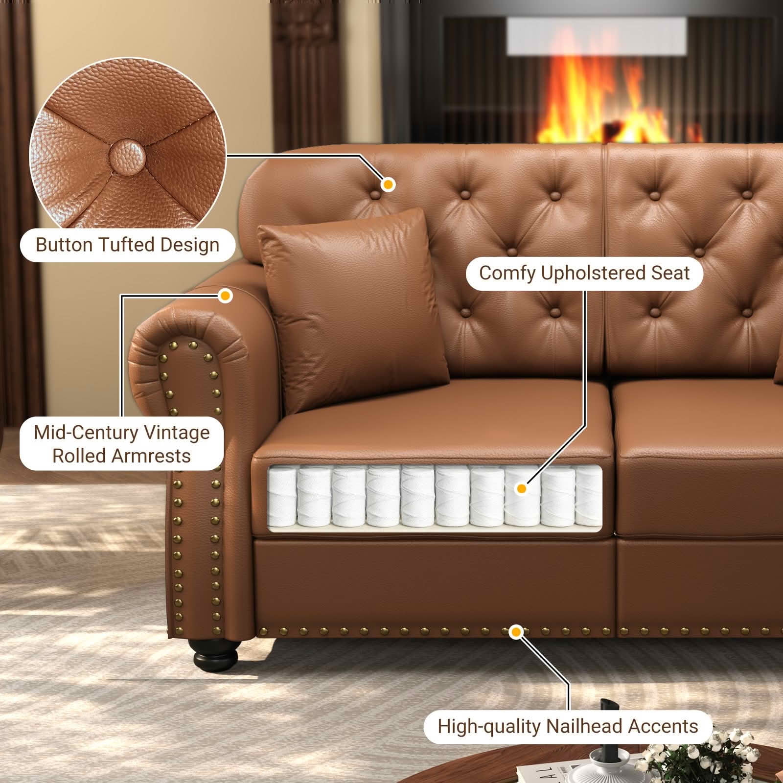 MAYEERTY 41.3" Upholstered Faux Leather Single Sofa, Mid‑Century Modern Chesterfield Accent Chair with Button Tufted, Nailhead Trim & Rolled Armrests, Includes 1 Pillow