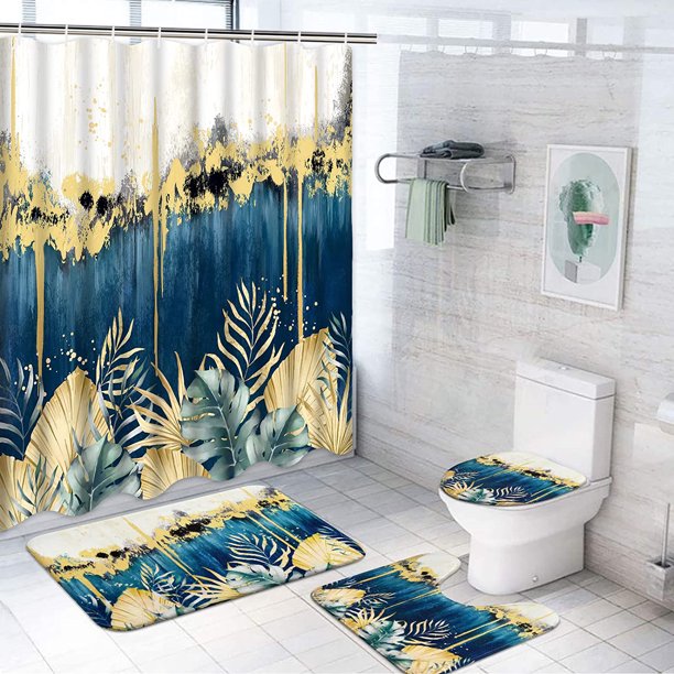 FRAMICS Navy Blue Shower Curtain and Rug Sets, Modern Abstract Art