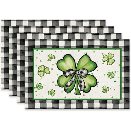 

St Patricks Day Placemats Buffalo Plaid St Patricks Day Decoraions Green Shamrock Seasonal Spring Holiday Table Runner(Placemats Set of 4 12 x 18 )
