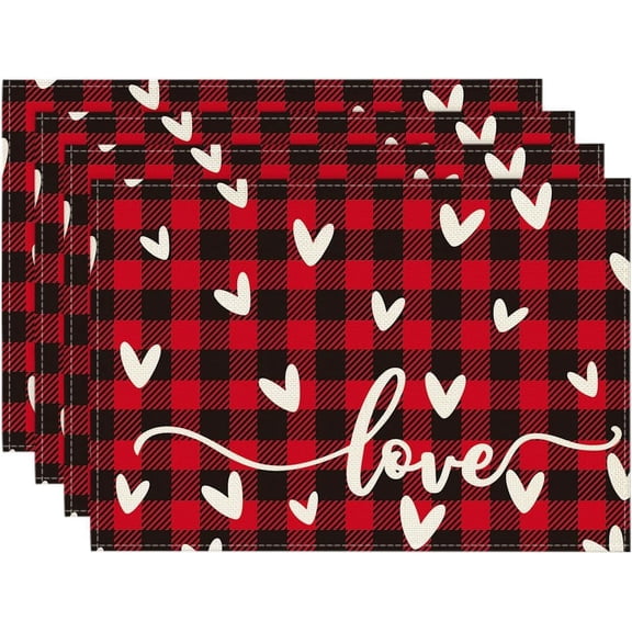 Black Red Buffalo Plaid Love Valentine Placemats Set of 4, 12x18 Inch Seasonal Anniversary Holiday Table Mats for Party Kitchen Dining Decoration