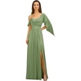 thumbnail image 1 of Vestidos de dama de honor con tirantes finos personalizados, volantes y hombros descubiertos, vestidos de noche formales largos de gasa fruncidos con abertura lateral, 1 of 5