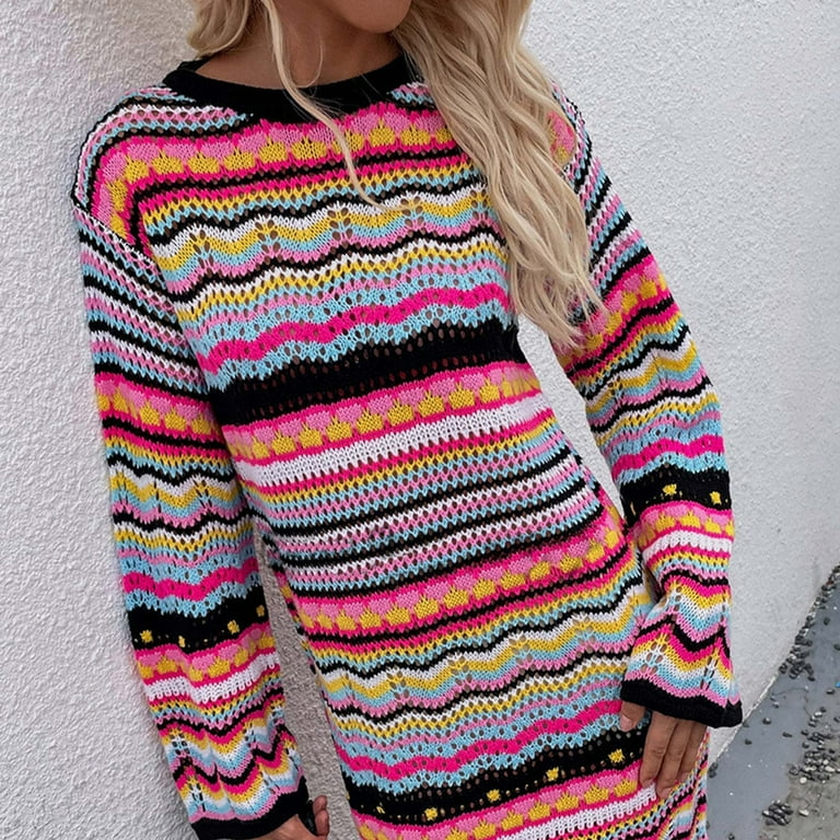 SCSAlgin Women Crochet Knit Mini Dress Long Sleeve Colorful Stripe Mesh Casual Sweater Dress Summer Beach Wear - Walmart.com SCSAlgin Women Crochet Knit Mini Dress Long Sleeve Colorful Stripe Mesh Casual Sweater Dress Summer Beach Wear - Walmart.com