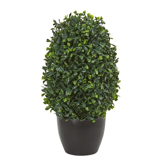 Indoor/Outdoor 13" Boxwood Topiary Artificial Plant UV Resistant in Green/Black