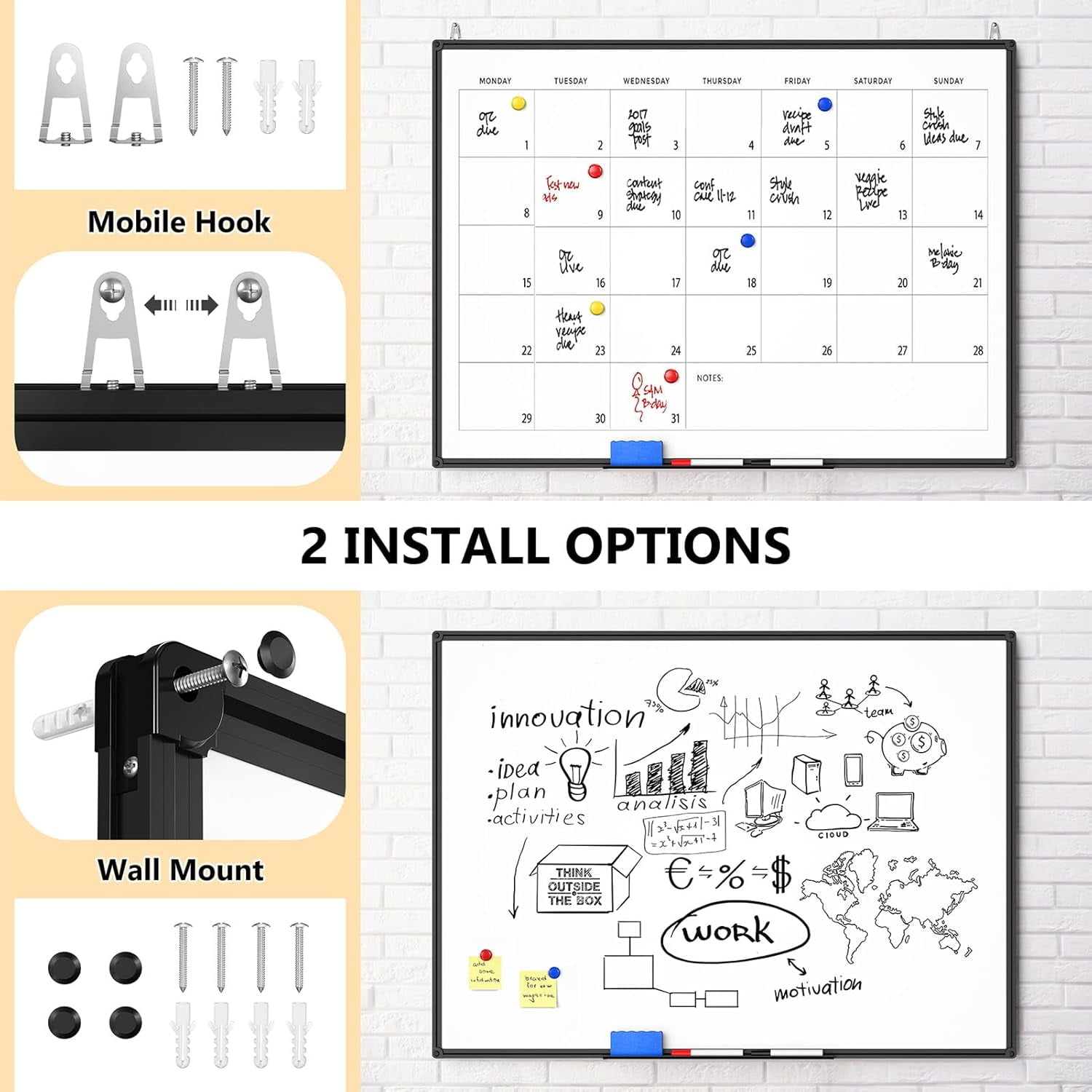46" X 33" Magnetic Dry Erase Whiteboard with Black Aluminum Frame, Hanging Whiteboard for Home, School, Office, Kitchen