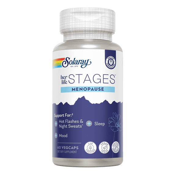 Solaray Menopause her life STAGES - Menopause Supplements for Women - Supports Mood, Sleep, Hot Flashes, Night Sweats - Vegan, Gluten Free - 60-Day Guarantee - 30 Servings, 60 VegCaps
