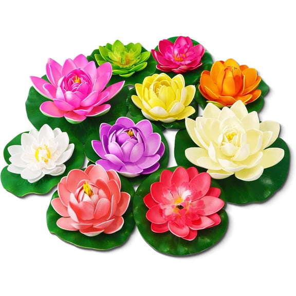 EP Artificial Lotus Flowers Water Lilies for Pond Pool, 10 Pcs Realistic Floating Foam Lotus Flowers with Lily Pads for Ponds,4"and 6"Large Lifelike Water Lilies for Fountain Garden Pond Decoration