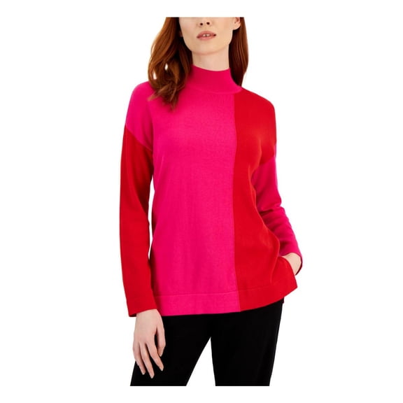 Anne Klein Womens Pullover Colorblock Mock Turtleneck Sweater