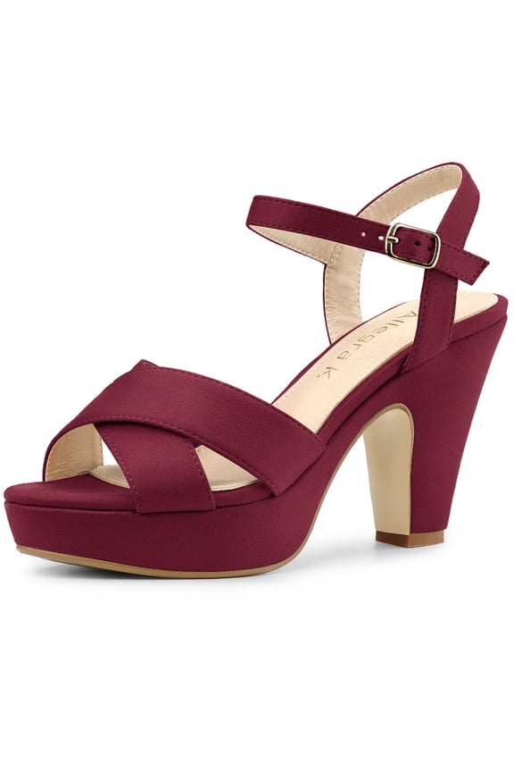 Women's Platform Chunky Heel Ankle Strap Sandals Burgundy 8.5
