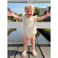 thumbnail image 4 of BemeyourBBs Newborn Baby Girl Summer Clothes Smocked Bubble Romper Cotton Linen Outfits Cherry Floral Print Crew Neck Flying Sleeve Bodysuit and Bow Headband 2 Pcs Set, 4 of 9