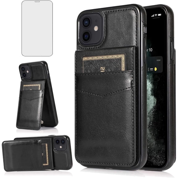 Asuwish Screen Protector Included PU Leather Soft Shell Wallet Cell Phone Case with Screen Protector for iPhone 11, Black