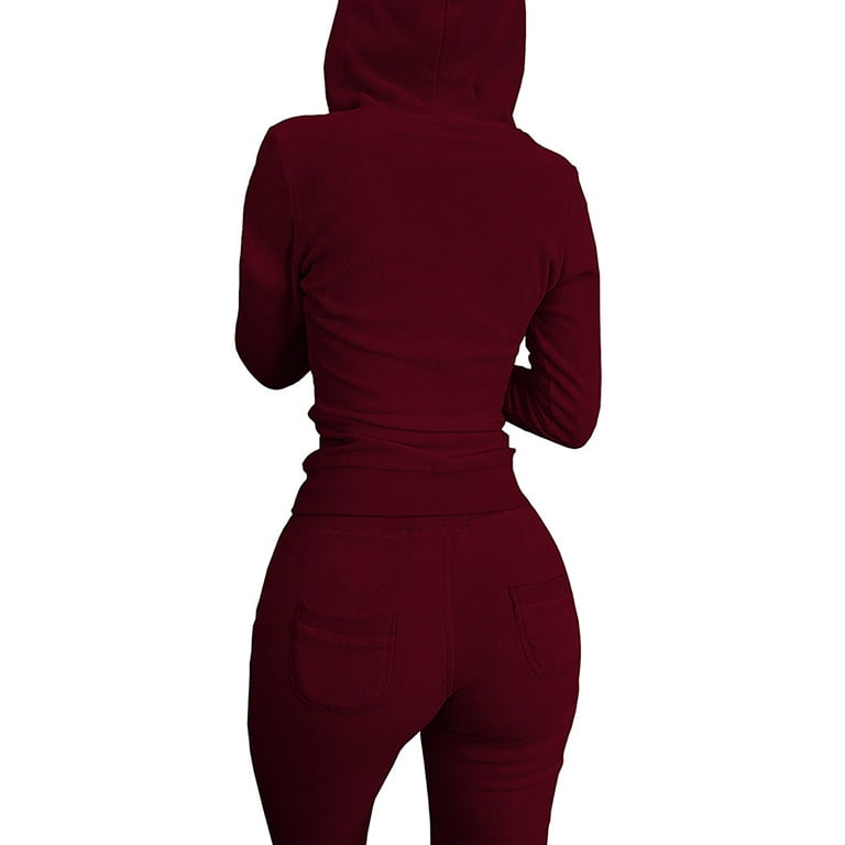 Niuer Ladies Tracksuit Set Full Zip 3 Pieces Outfit Solid Color Sweatsuits  Casual Jogger Sets Elastic Waist Wine Red 2XL 