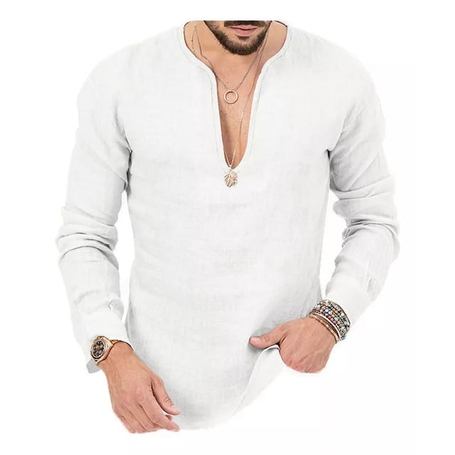 Camisa De Manga Larga De Lino Con Cuello En V Profundo De Co