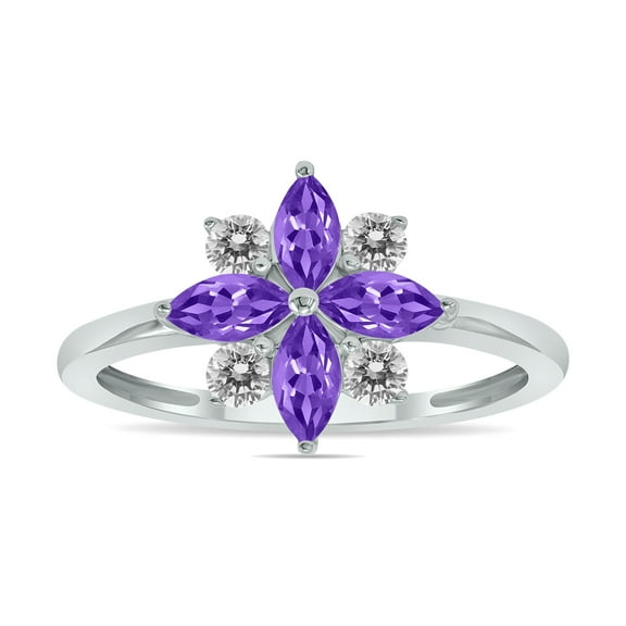 SZUL Women's 3/4 Carat TW Amethyst and Diamond Flower Ring in 10K White Gold