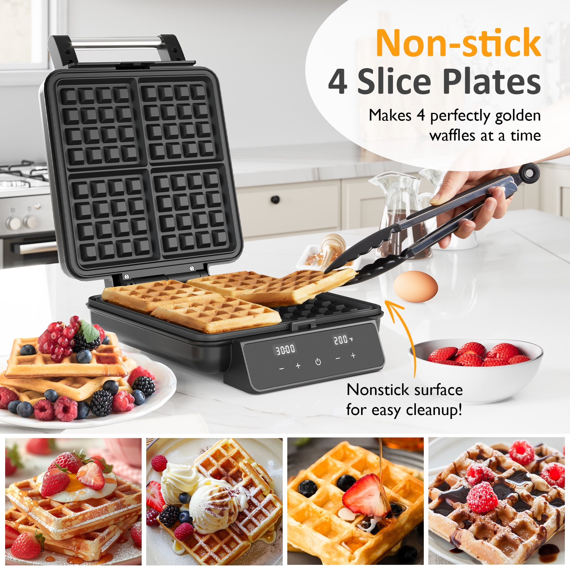 Heynemo Electric Waffle Maker 4 Slice, Fast Heat-Up, LCD Display, Adjustable Time & Temperature, Nonstick Surface, Black