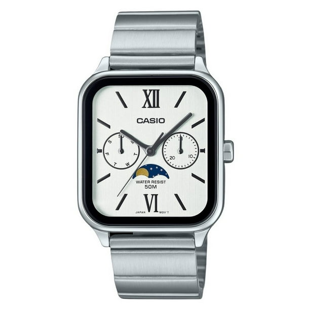 Casio Reloj Estándar Analógico con Fase Lunar, Acero Inoxidable, Esfera Blanca, Cuarzo, Modelo MTP-M305D-7A2V para Hombre.