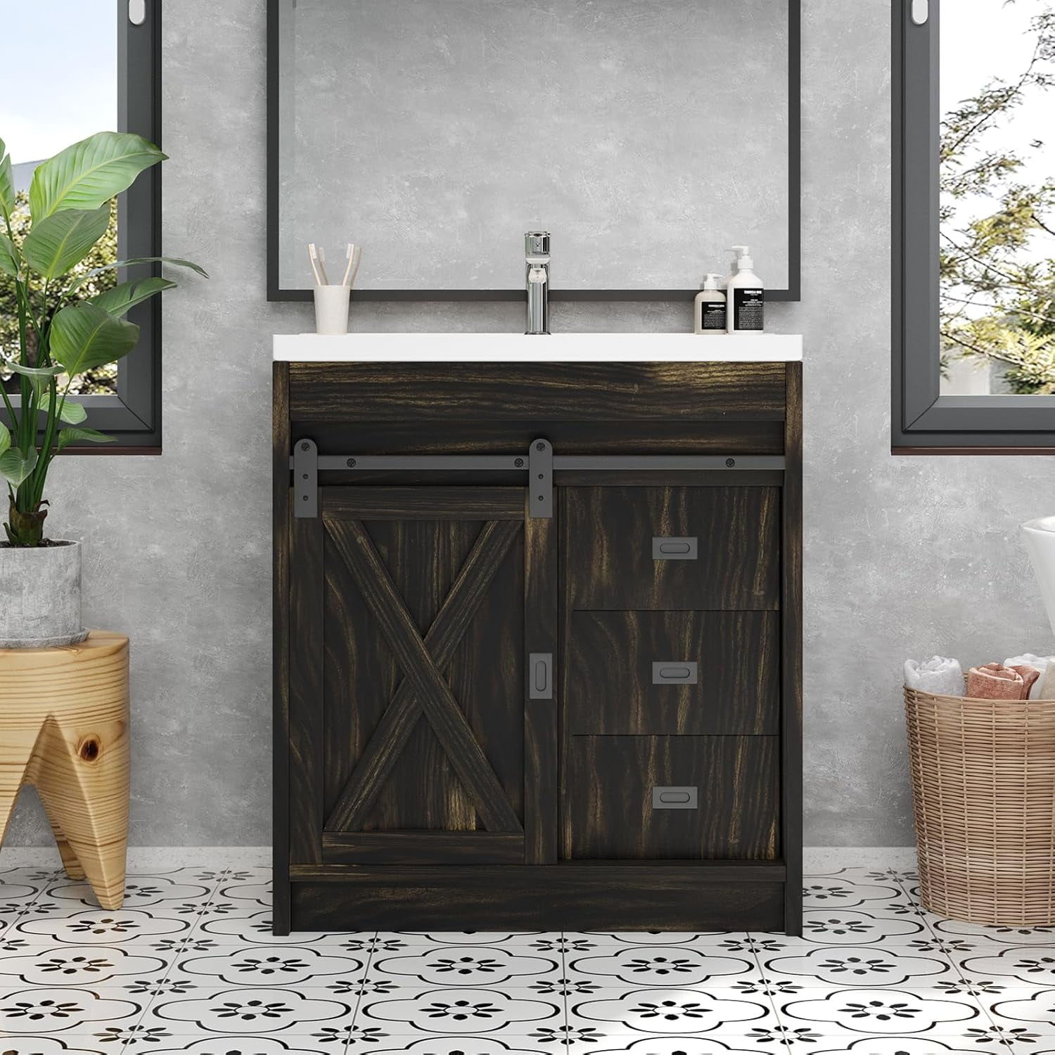 DreamCurship Bathroom Vanity with Sink Combo, White Bathroom Storage Cabinet with Drawers, Farmhouse Bathroom Vanity Cabinet with Sliding Barn Doors, Oak