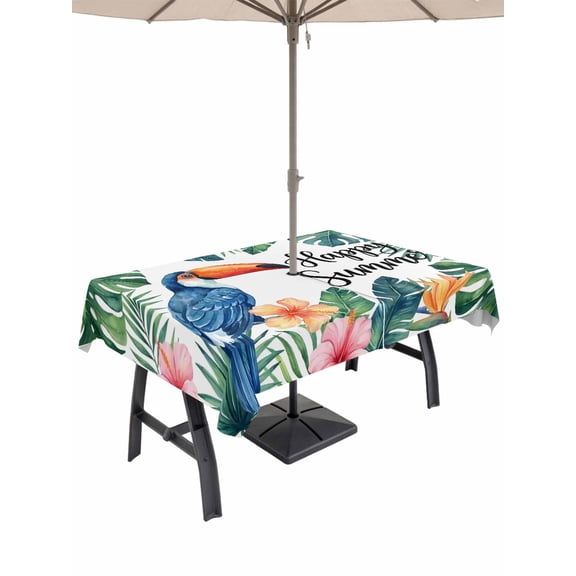 60x84 Inch Outdoor Tablecloth with Umbrella Hole Zipper Rectangle Happy Summer Rectangular Tablecloths Waterproof Tropical Palm Leaves Floral Watercolor Patio Table Cloth Cover for Picnic Party