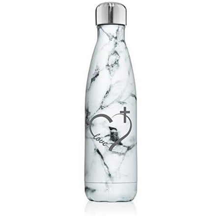 

17 oz. Double Wall Vacuum Insulated Stainless Steel Water Bottle Travel Mug Cup Love Heart Cross Christian (Black White Marble)
