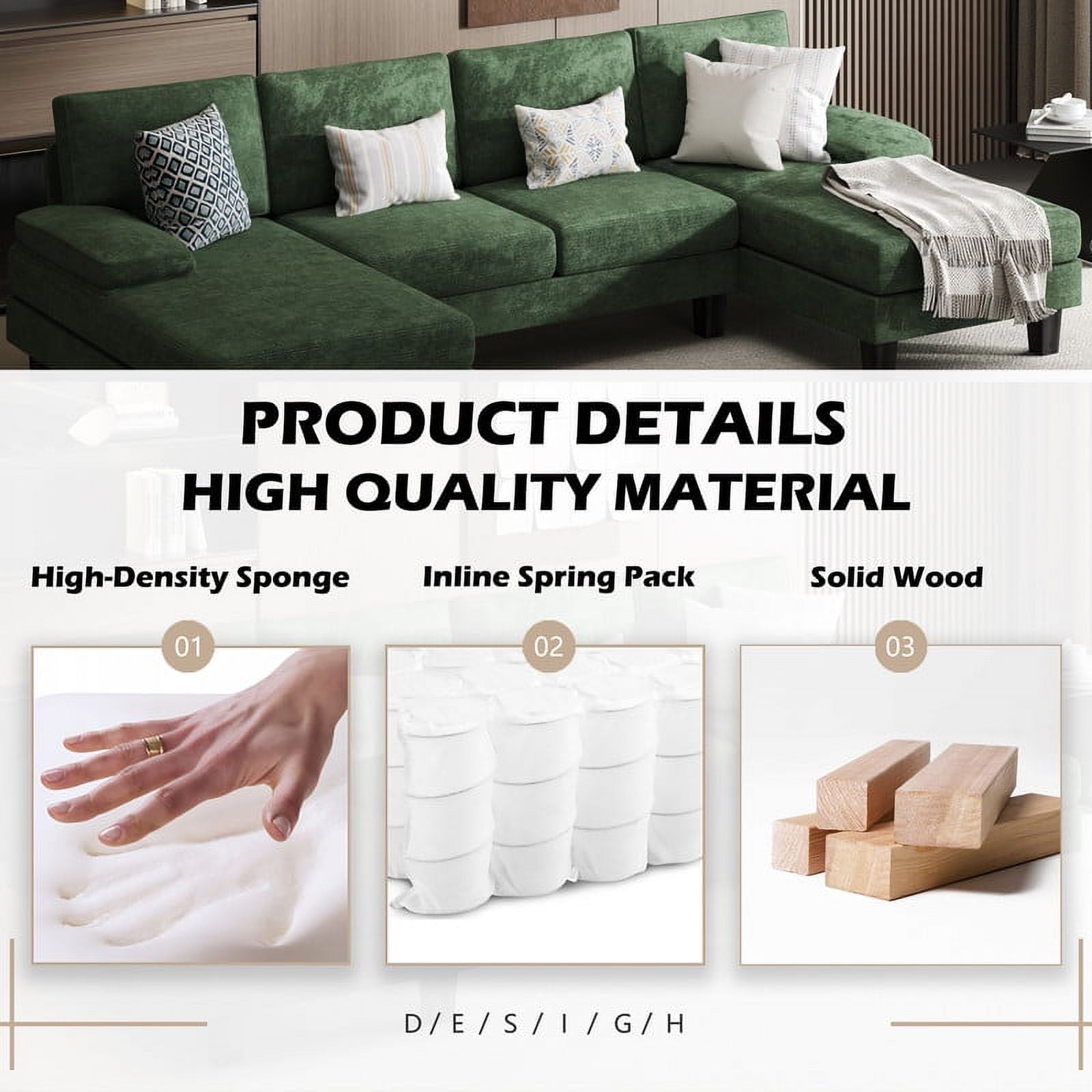 Homall Modern U-Shape Sectional Sofa, Chenille Fabric Modular Couch, 4 Seat Oversized Sofa with Chaise for Living Room, Green