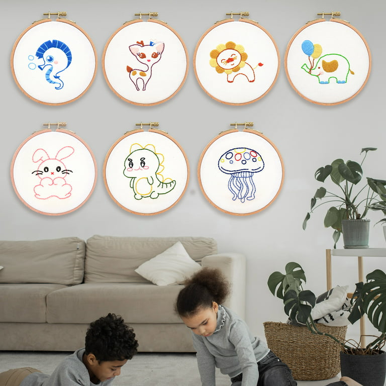 Pllieay Cross Stitch Beginner Kit for Kids 7-13 Includes 6pcs Project Cross Stitch Pattern and 2pcs Hoops 12 Skeins Needle Point Starter Kit Sewin