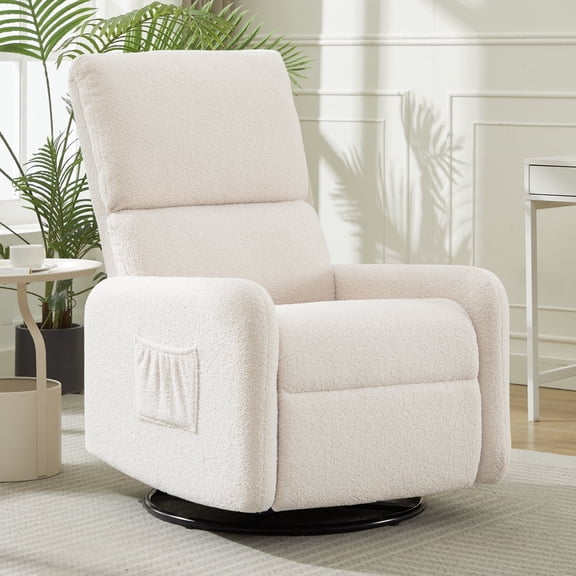 Korser 360 Swivel Glider Chair for Small Spaces, Sherpa with Side Pocket Rocking Chair for Living Room,Beige