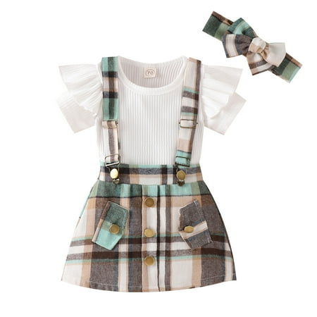 

Little Girls Party Dailywear Sets Plaid Printed Short Sleeve Suit Spring And Summer Shor Strip Tops Suspenders Skirt Headband 3PCS Suit Dailywears Comfortable Loose Fittness Sets