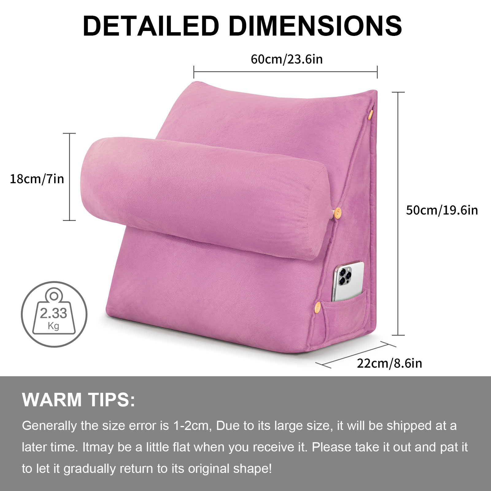 Eurhowing Adjustable Bed Wedge Pillow, Memory Foam Triangular Headboard Pillow with Neck Roll Pillow, Back Support Rest Pillow for Reading & Sleeping, Pink