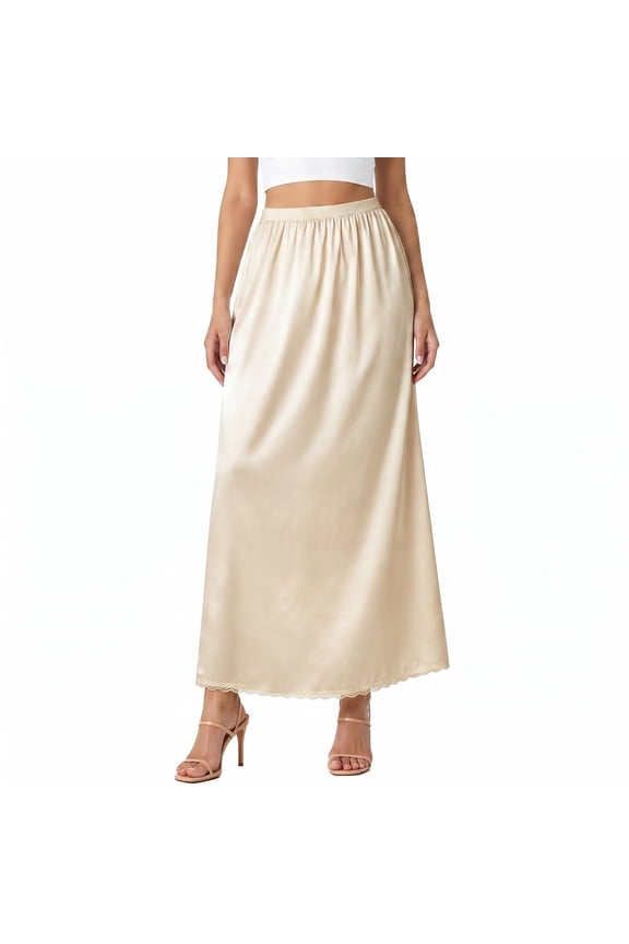Women's Soft Satin Half Slip - Lace Long Underskirt for Under Dresses, Comfortable and Elegant