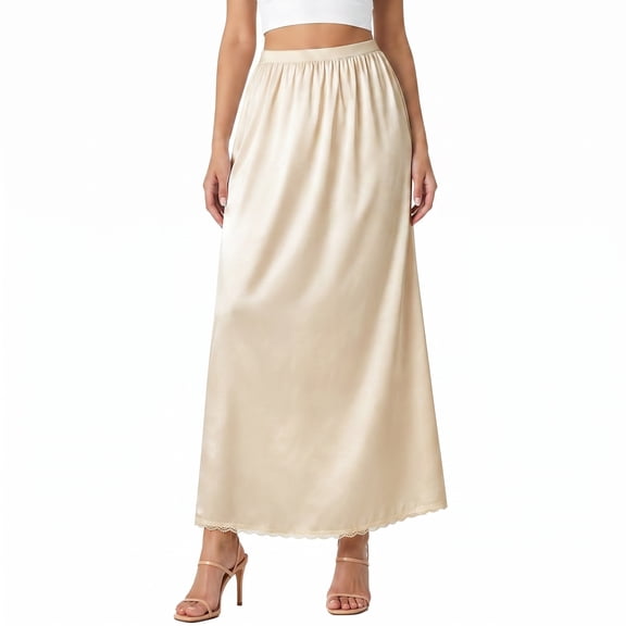 Women's Soft Satin Half Slip - Lace Long Underskirt for Under Dresses, Comfortable and Elegant