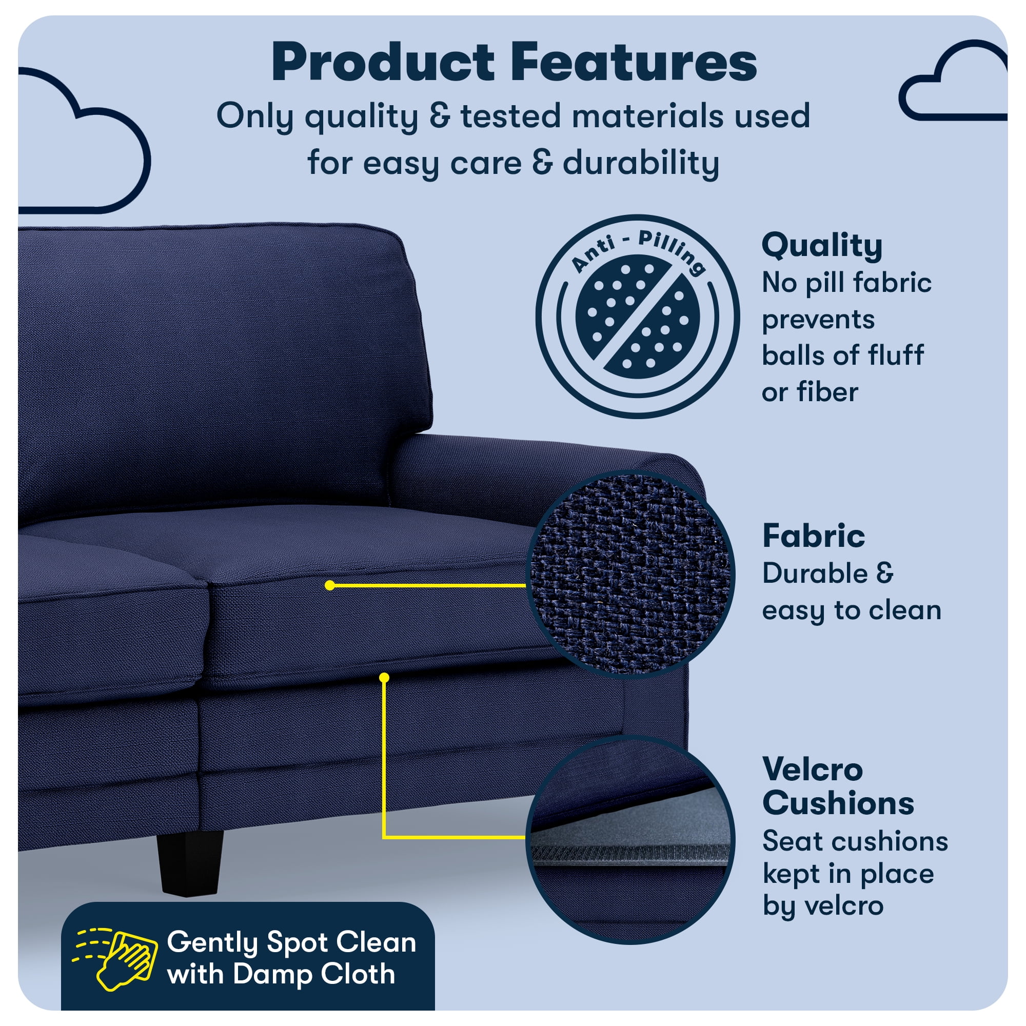 Serta Copenhagen 73" Rolled Arm Sofa, Easy Care Polyester, Loveseat or Couch for Small Spaces, Navy Blue