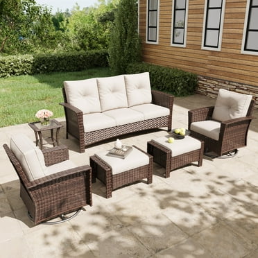 LayinSun 6 Piece Wicker Patio Furniture Set, Classis Outdoor Conversation 360 Degree Swivel Chairs Set with Coffee Table