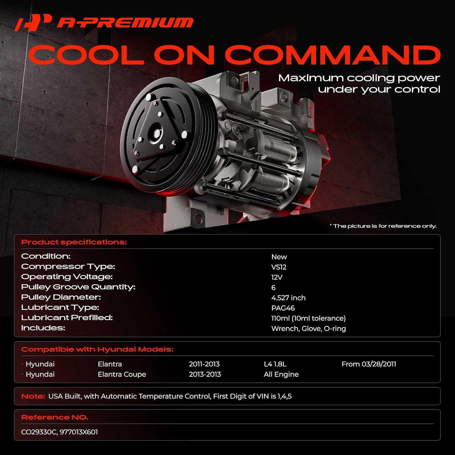 A-Premium Air Conditioner AC Compressor with Clutch Compatible with Hyundai Elantra 2011-2013, Elantra Coupe 2013, L4 1.8L