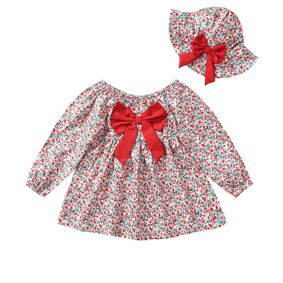 12 Months Baby Girls Dress 18 Months Girls Long Sleeve Dress Cute Bowknot Toddler Girls Floral Dress with Hat Red