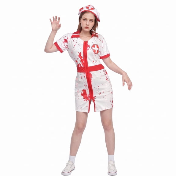 Alaiyaky Halloween Costumes Adult Nurse Costume Women Ladies Dress, Zombie Scary Nurse Outfit Doctor Patient Accessories Stockings Hat Face Paint Stickers Fancy Dress