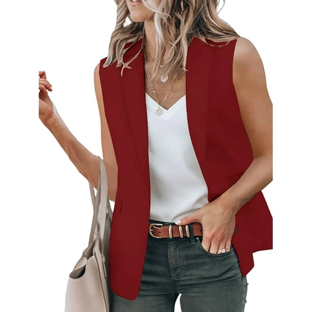 Chaleco Blazer Sin Mangas para Mujer, Informal, con Abertura Frontal, un Botón, Chaqueta de Verano con Bolsillos. Vino Tinto XL