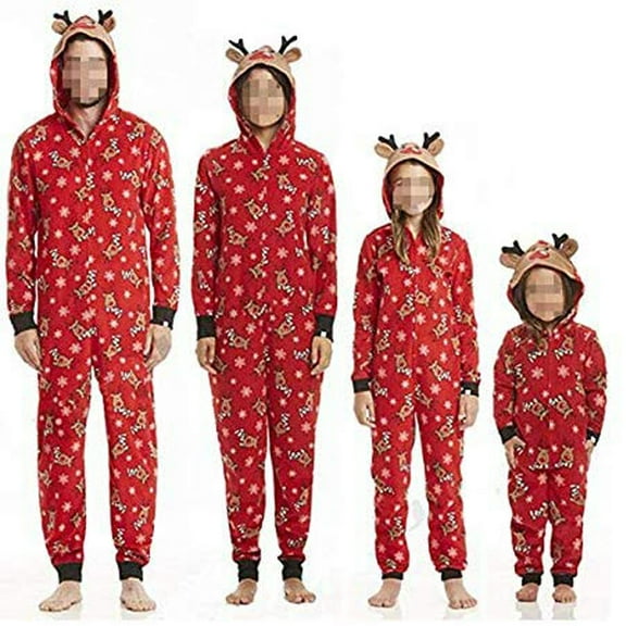 Christmas Family Matching Hoodie Pajamas Reindeer Romper Long Sleeve One Piece Jumpsuit Zipper Pjs for Adult Kids Baby