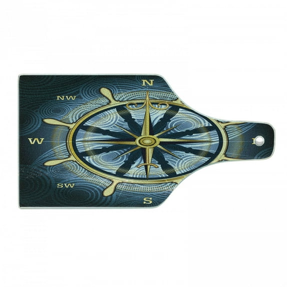 Compass Cutting Board, Navigation Theme Compass with Windrose and Helm on a Wavy Backdrop Maritime, Tempered Glass Cutting and Serving Board, Wine Bottle Shape, Yellow Navy Blue, by Ambesonne