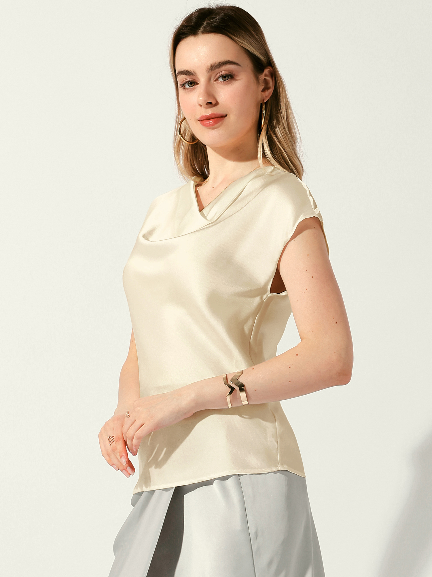 DARING DIVA Women's Satin Cowl Neck Short Sleeve Casual Blouses M Beige